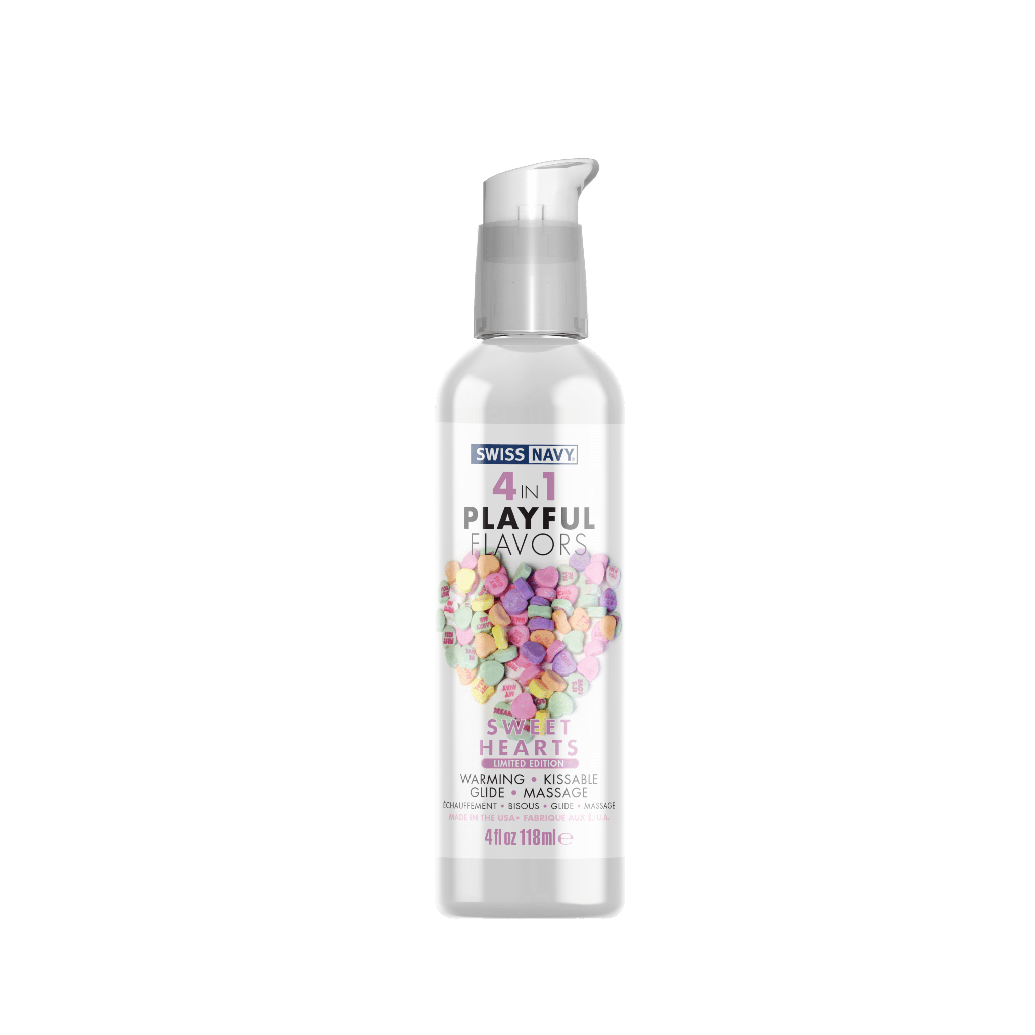 Swiss Navy Playful Flavors Limited Edition Sweethearts flavored lubricant bottle with heart-themed packaging